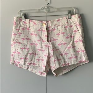 Pink and white flamingo print shorts